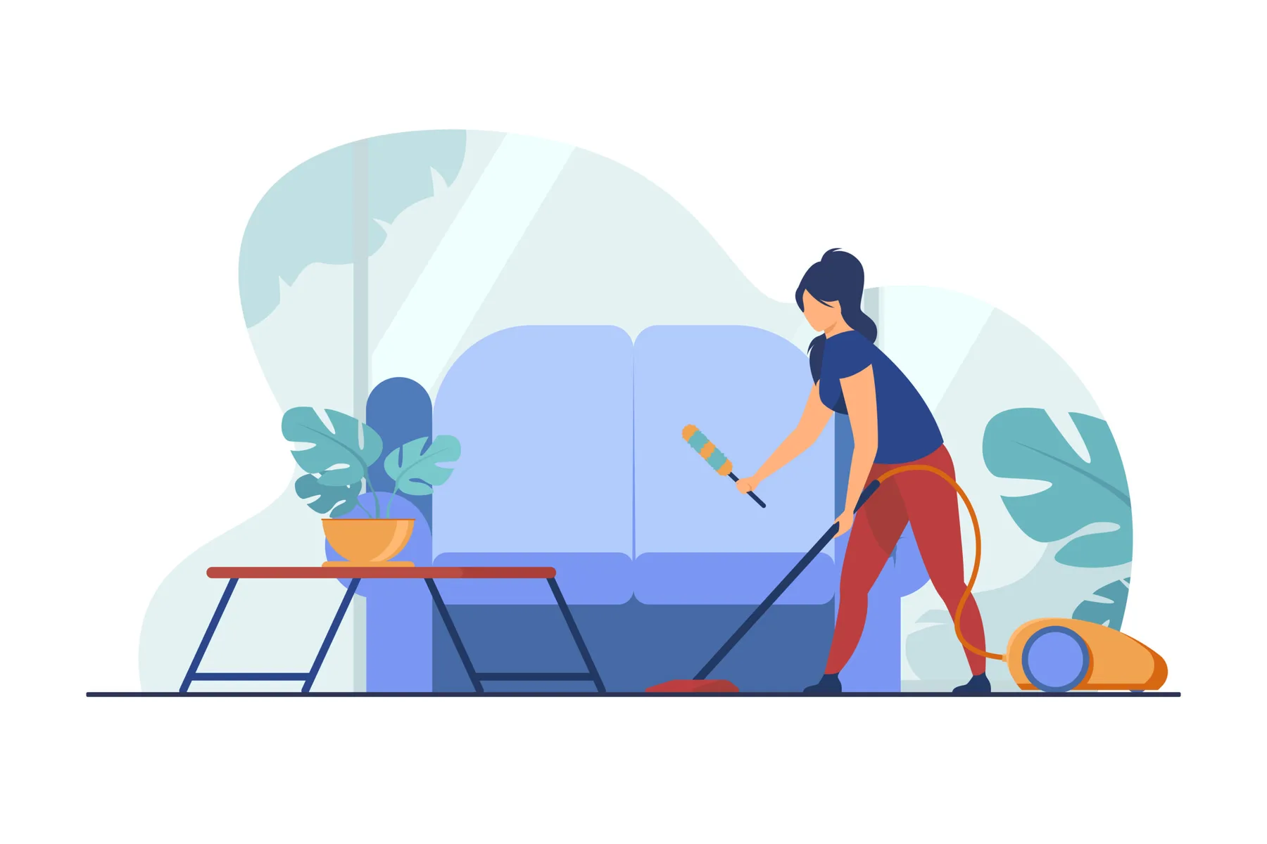 Woman vacuuming a bright living room